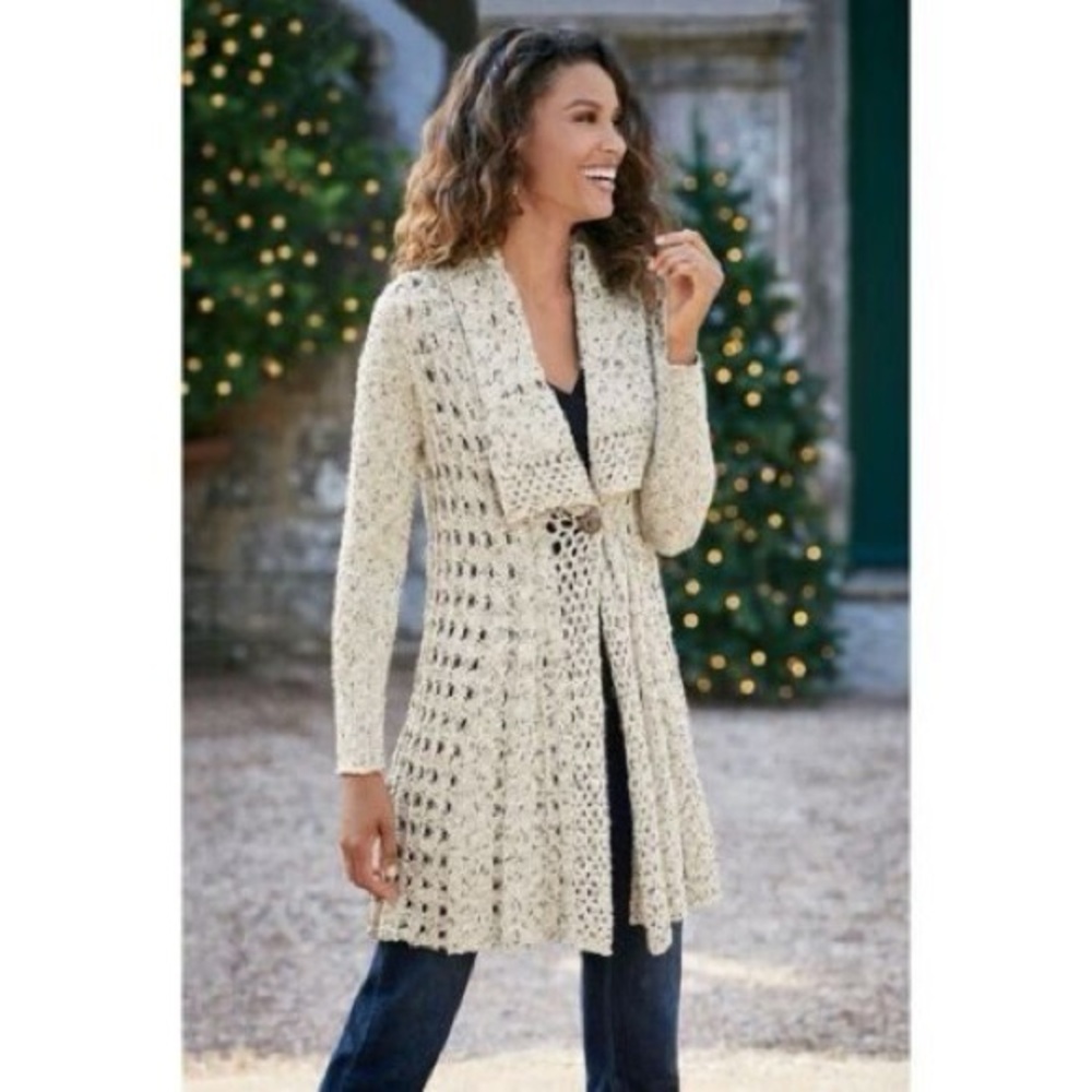 Soft Surroundings Teresa Crochet Cardigan in Winter White Size PM